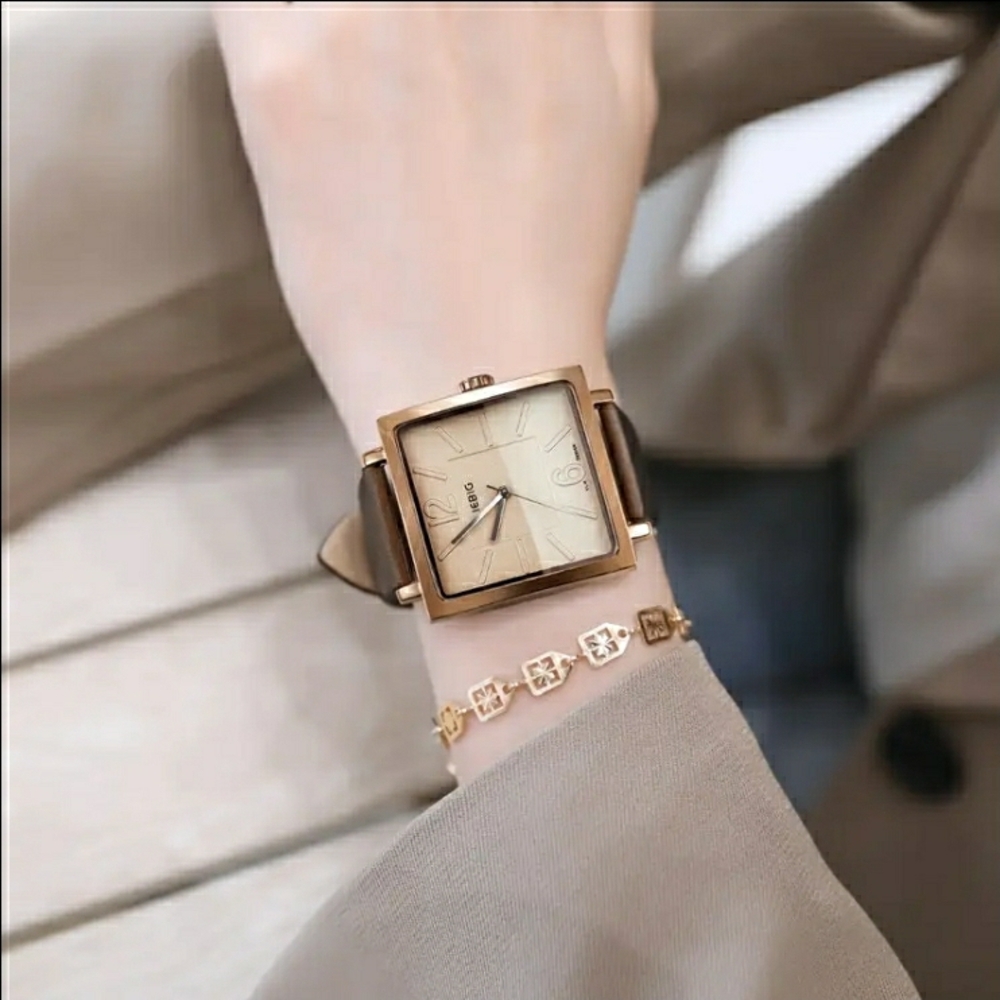 NEW! Golden Coffee Square Quartz Watch with Brown Leather Strap - Picture 2 of 12